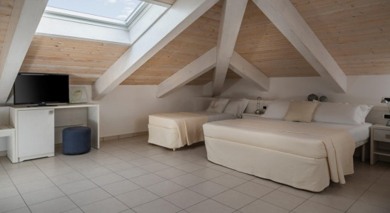 Camera mansardata con letto, divano, TV e lucernario, arredamento moderno e luminoso.