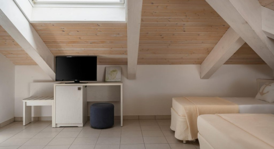Camera mansardata con TV, letto e finestra sul tetto.